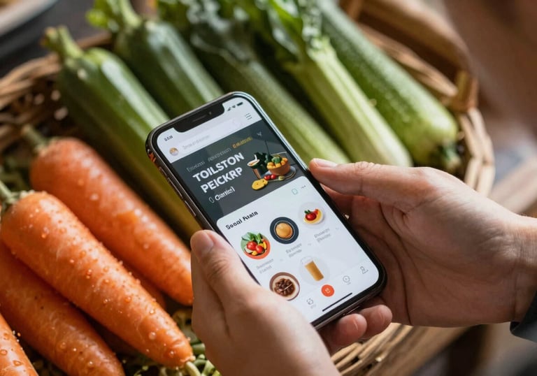 Action shot of a person managing a social media account on a smartphone next to a basket of freshly harvested Portuguese vegetables. Warm, authentic daylight.