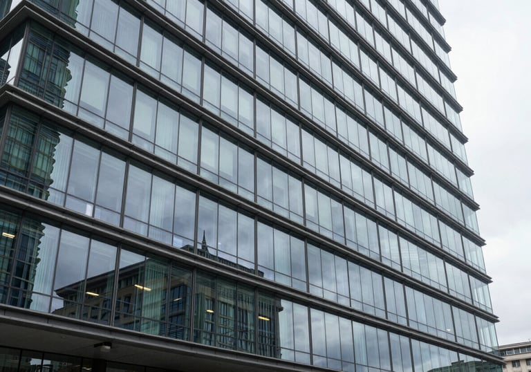 An architectural shot of a modern business center in Portugal, featuring glass facades and clean lines, reflecting unwavering professionalism.