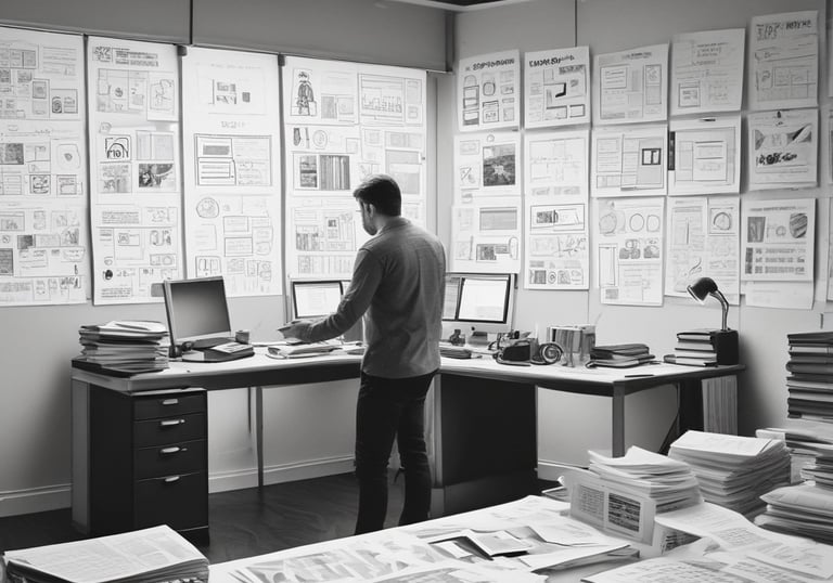 A professional meeting setting with people discussing branding materials.