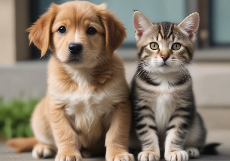A golden long-haired dog and a cream-colored cat sitting together on a teal sofa.