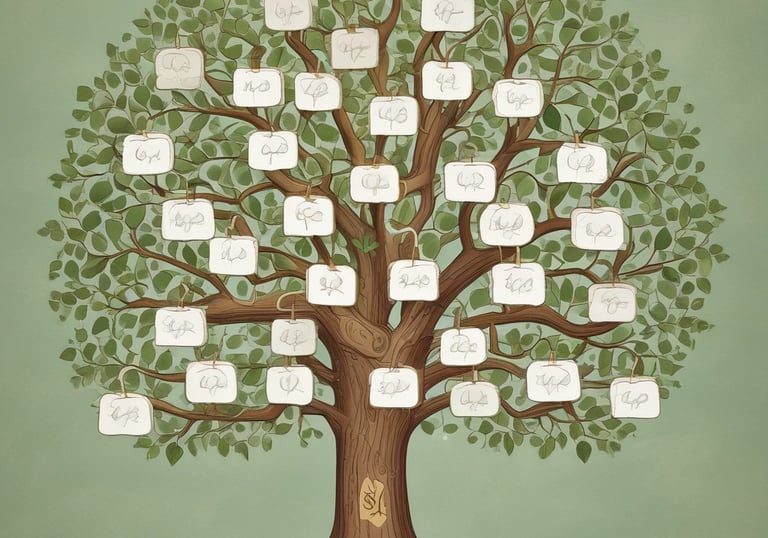 Stacks of documents and a computer screen showing genealogy charts.