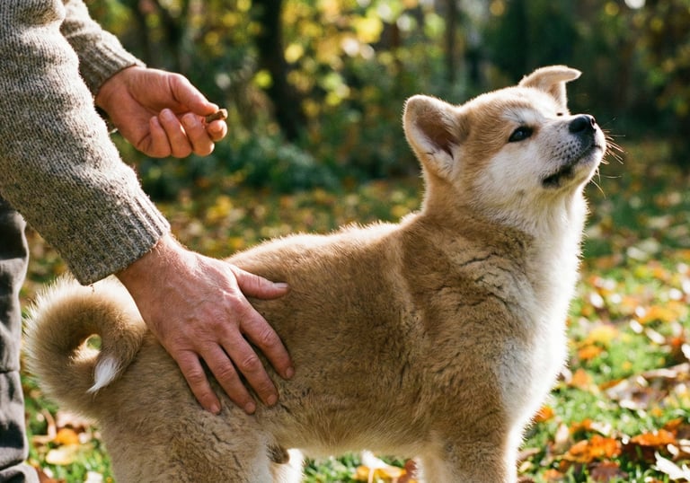 A close-up of a dog owner gently teaching an akita puppy to sit.