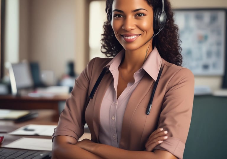 Customer service representative assisting a driver via headset in a modern office.