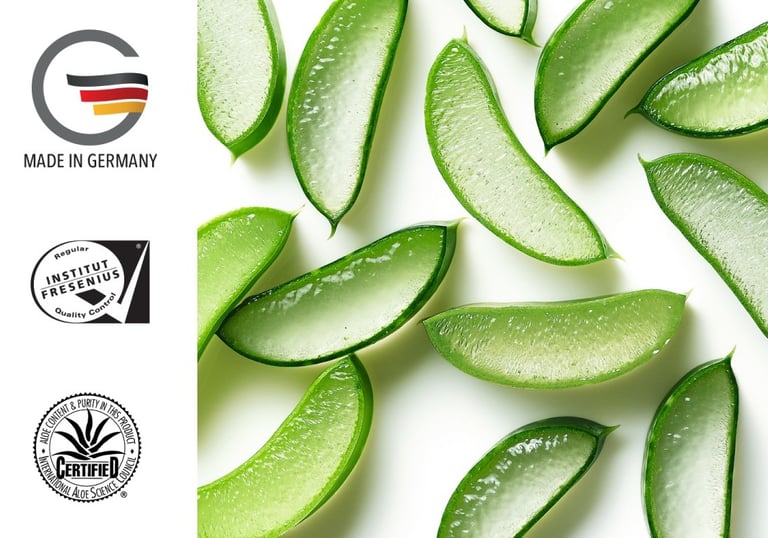 Freshly sliced organic aloe vera leaves on a white background with German quality certification seals.