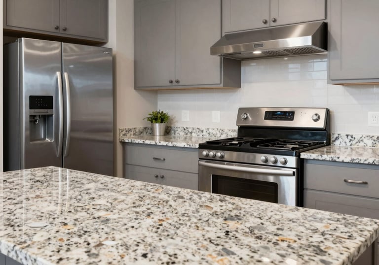 A pristine, modern kitchen with granite countertops and stainless steel appliances in a Latinoamericano home, professional lighting, extremely clean.