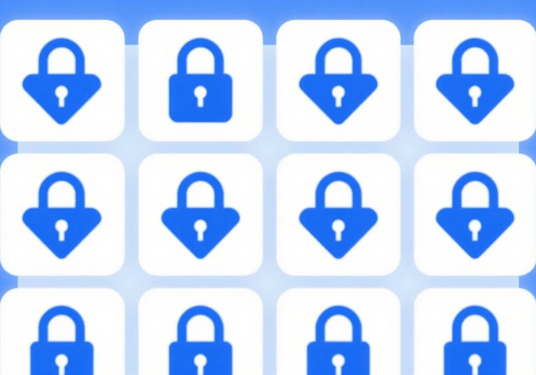 Clean infographic grid showing successful trade statistics and blue diamond locks, using #8CB8DB and #0A1C2C.