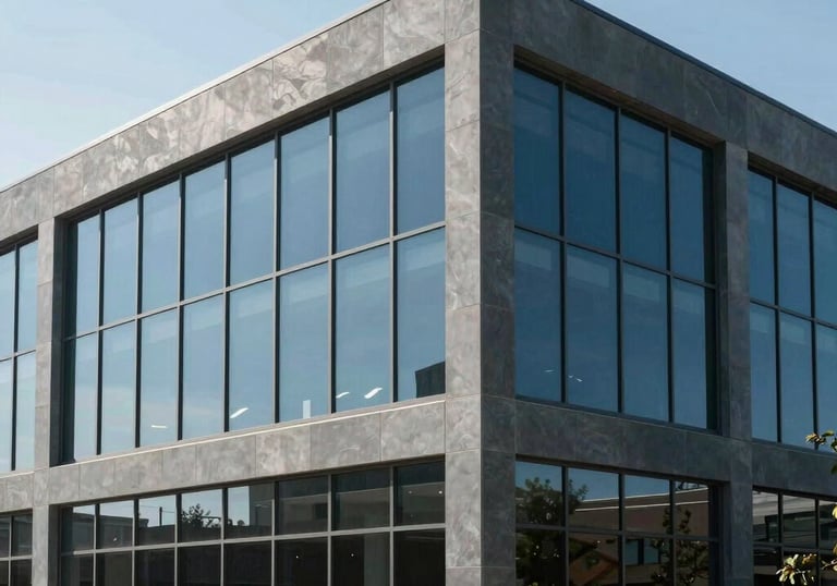 Minimalist North American office architecture. A clean, glass-and-steel corner office with sophisticated slate blue and deep indigo reflections on the windows.