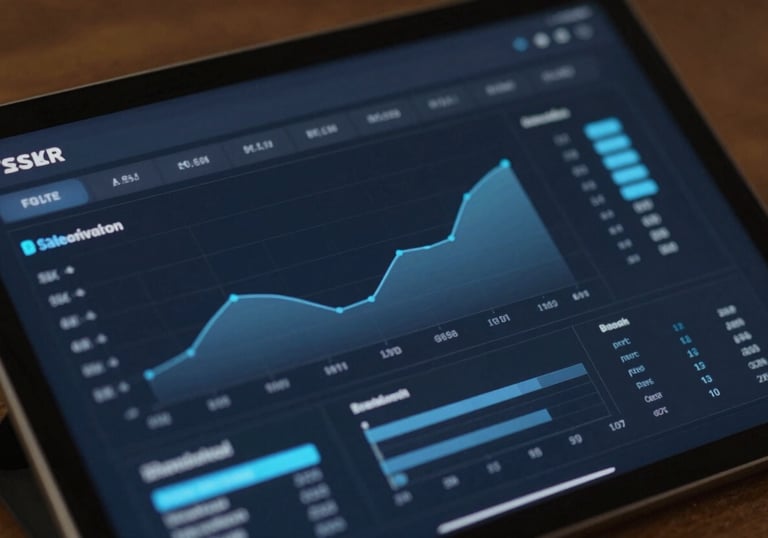 A close-up of a tablet screen showing a clean, sophisticated data dashboard with dark navy and slate blue charts.