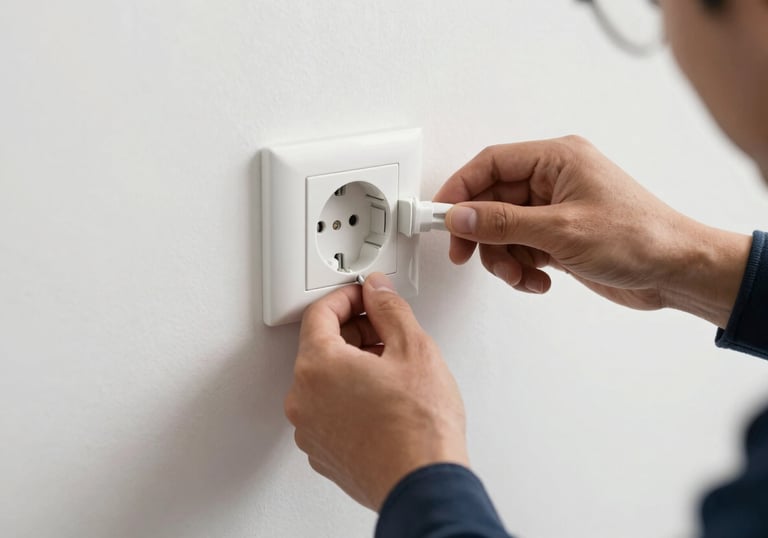 Hands of an electrician connecting a new modern power socket on a clean white wall in a modern European / Spanish home.