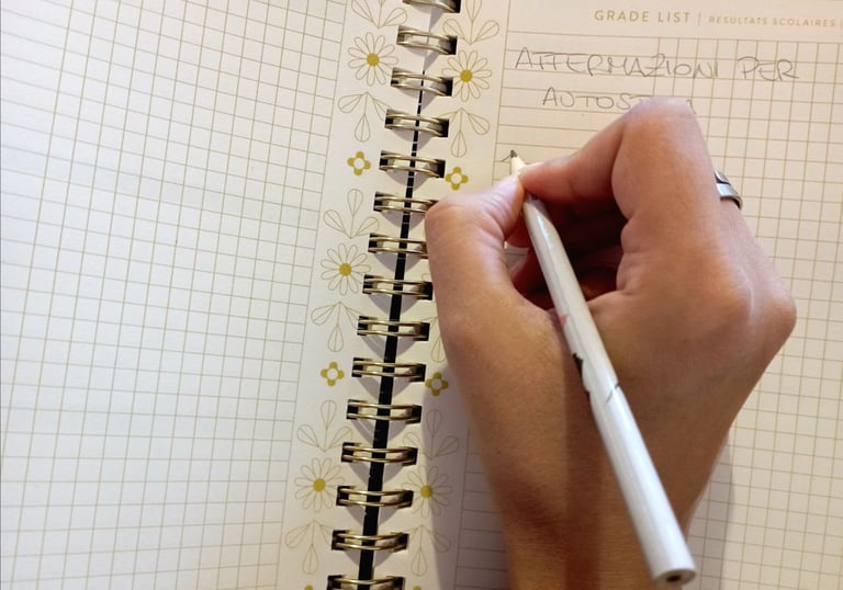 Donna che scrive affermazioni positive su un diario per il proprio percorso di crescita personale