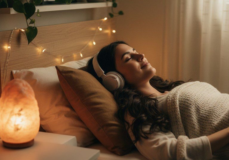 Donna mora riccia distesa su letto che ascolta musica con cuffie