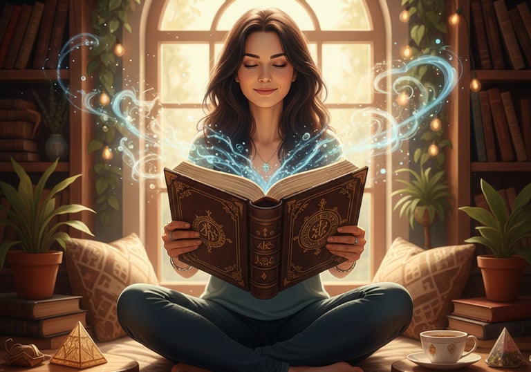 Donna seduta a gambe incrociate che legge il libro dei registri akashici