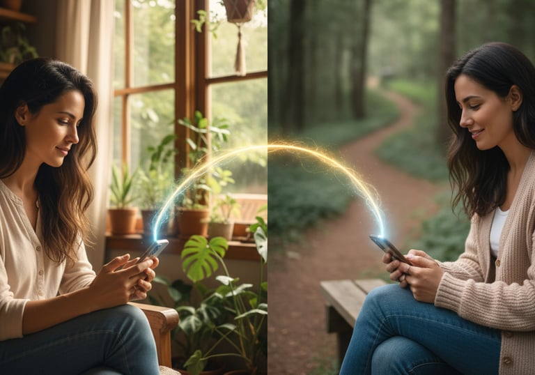 Due donne in luoghi diversi si scambiano messaggi sul telefono, con filo energetico di connessione