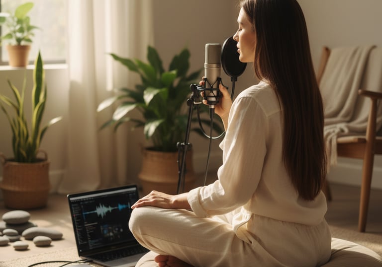 Donna mora di spalle seduta su cuscino che registra audio di meditazione