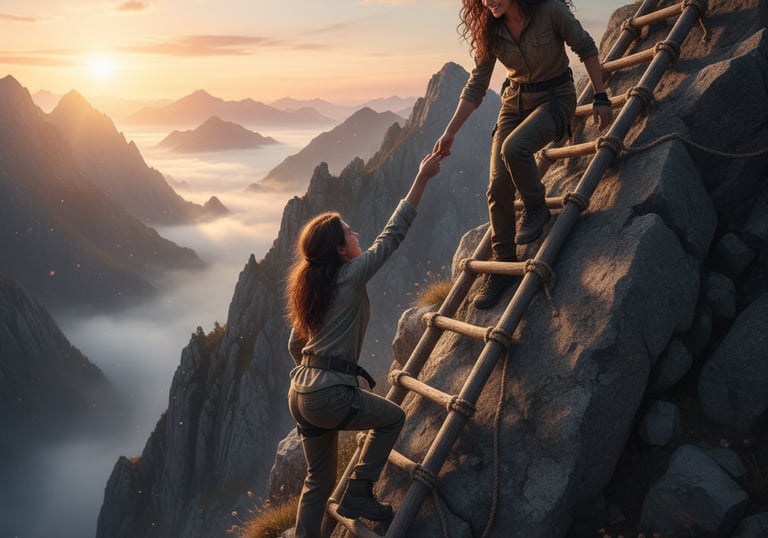 Due donne su una scala per scalare una montagna, una aiuta l'altra tenendola per mano