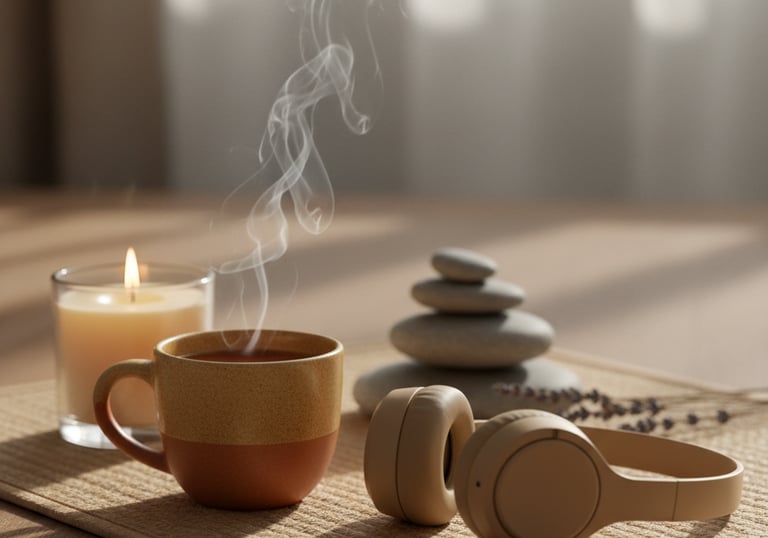 una tazza di tè fumante accanto a un paio di cuffie e a una candela poggiate delicatamente su un tappetino da meditazione