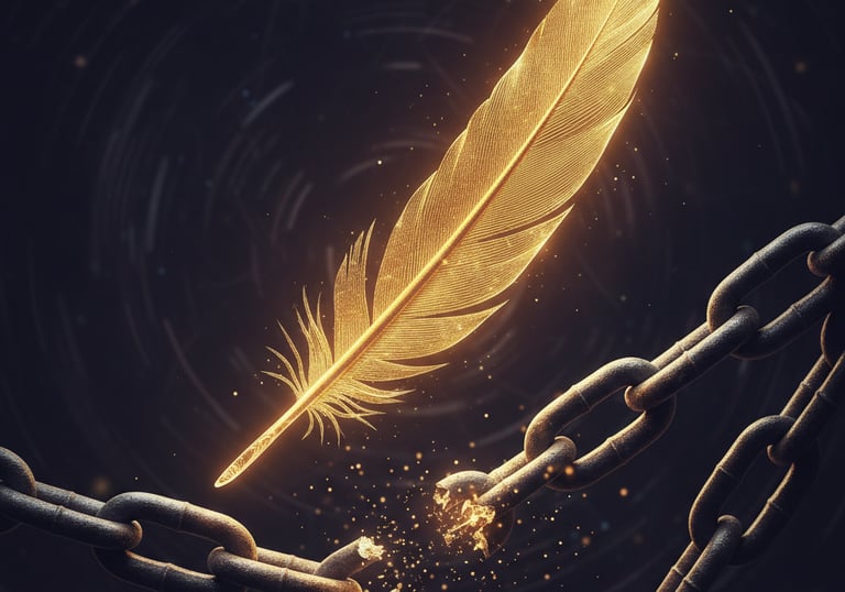 Piuma dorata che si libera da catene nere