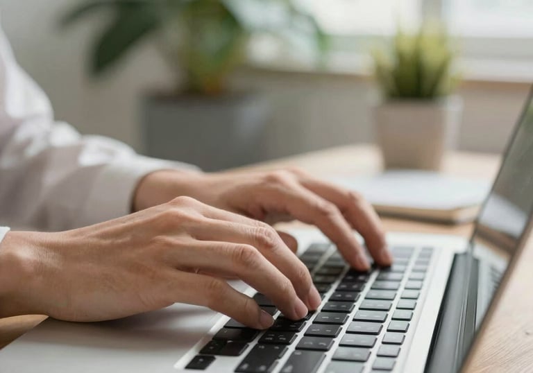 A close-up of a person's hands typing on a high-end laptop keyboard in a bright, modern North American / US workspace. Blurred background showing green plants.
