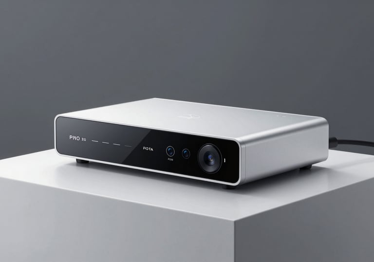 Clean, studio-lit photography of a modern digital device on a frost white pedestal, emphasizing sleek lines.