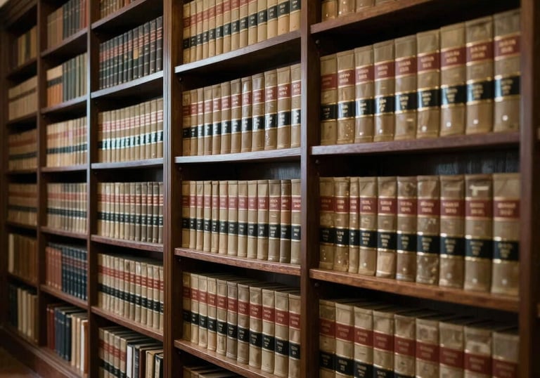 Interior of a traditional legal library in Brazil, with rows of dark wood shelves filled with law books, muted lighting, professional and quiet atmosphere.