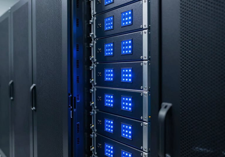 A modern server room with blue LED indicators and clean metallic surfaces, representing technical infrastructure, dark navy blue and steel blue palette.