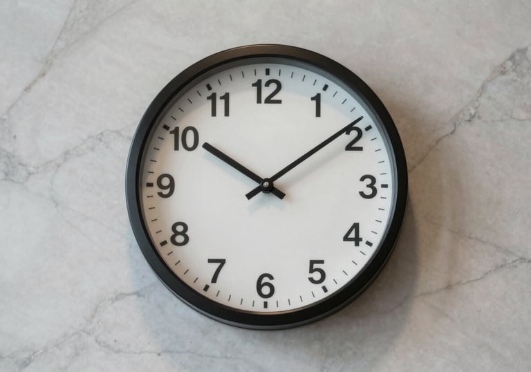 A refined, detailed shot of a minimalist analog clock on a marble wall in a North American professional setting, representing precision.