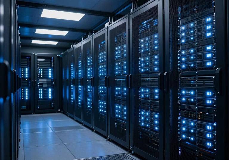 A wide shot of a futuristic server room with rows of blinking lights in a North American / US data center. The lighting is Deep Midnight Blue and Steel Blue, conveying high-performance technology.