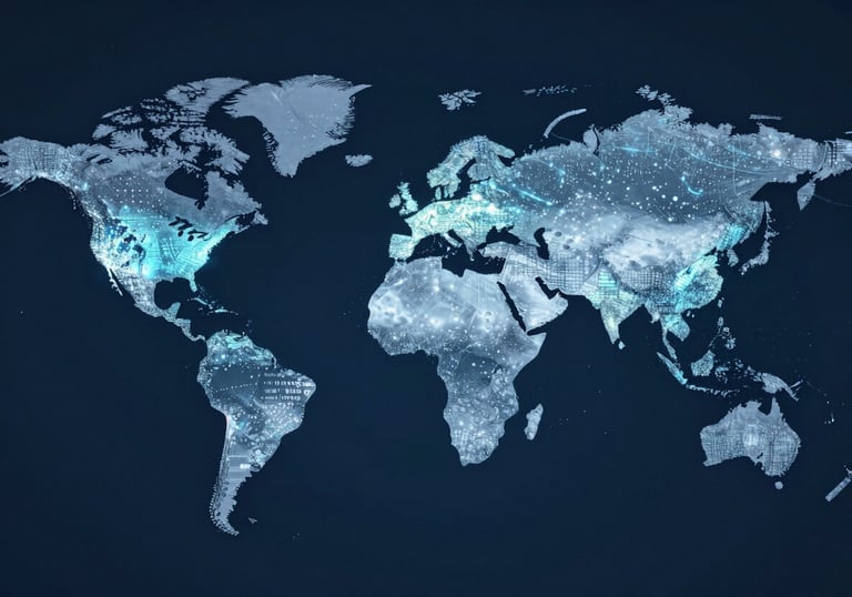 An abstract global map with shimmering data points, representing a connected world of finance, sophisticated and modern, using #1C3B4E and #E0E8F0.