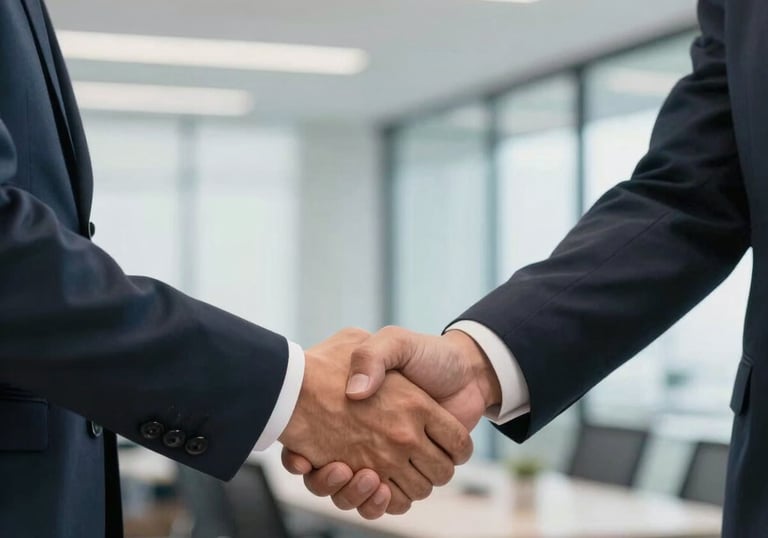 A firm and professional handshake between two individuals in business attire, set against a blurred background of a modern Colombian corporate office, bright and trustworthy mood.