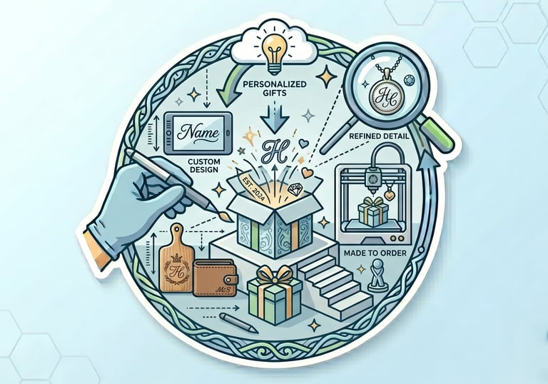 Graphic illustration of custom design personalized gifts and made to order jewelry manufacturing process.