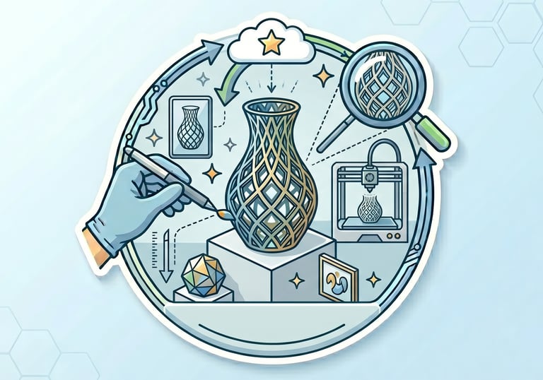 Illustration of a 3D printing workflow showing digital design, rapid prototyping, and a finished geometric vase.