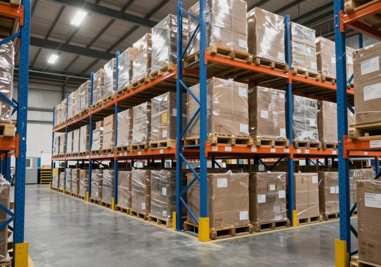 Interior view of a high-tech Brazilian distribution warehouse. Cargo is neatly organized on steel blue racking systems. The space is clean, well-lit, and secure, reflecting a professional operation.