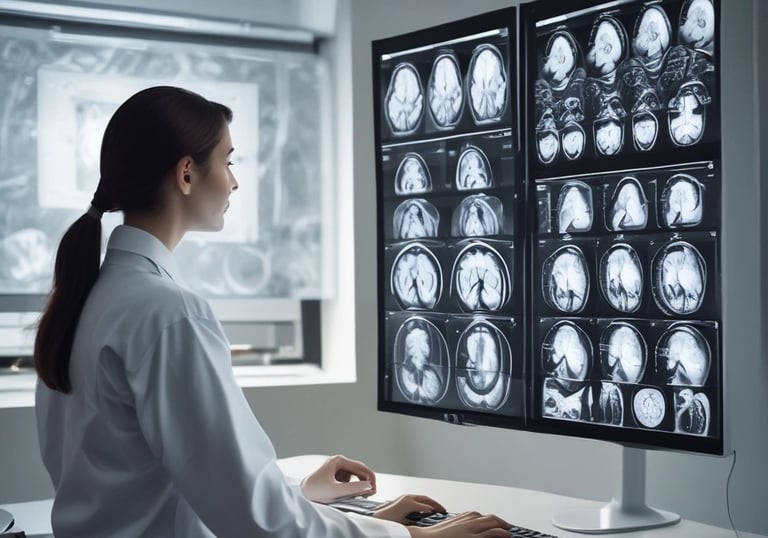 A team collaborating over laptops with AI code and charts displayed on screens.