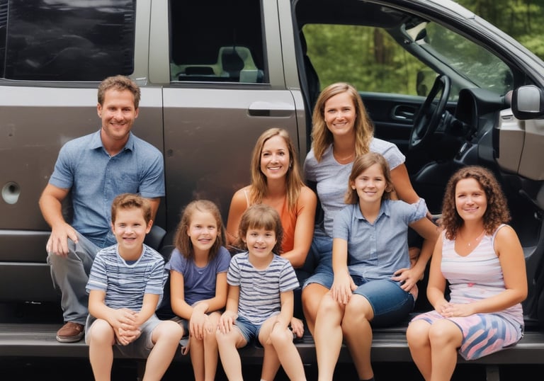 A friendly driver assisting passengers with luggage at night outside an airport.