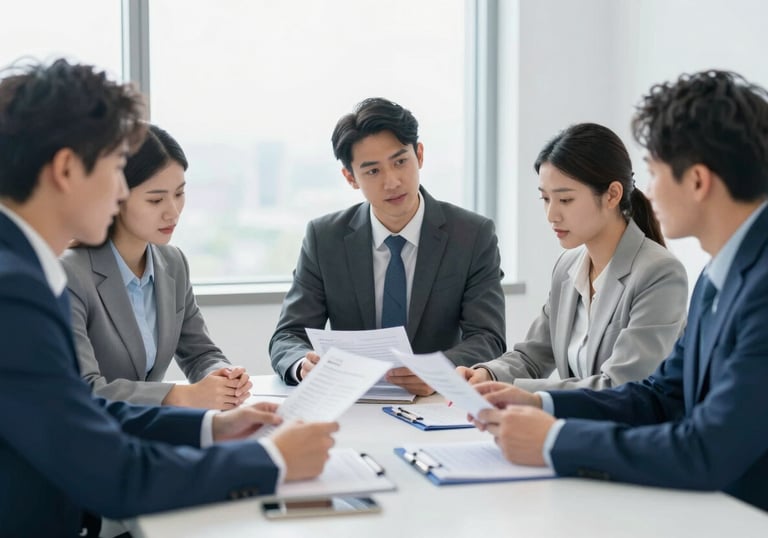 A diverse group of professionals in a bright meeting room, discussing documents with calm focus. Use of #2B4A6A and #E8ECF0.