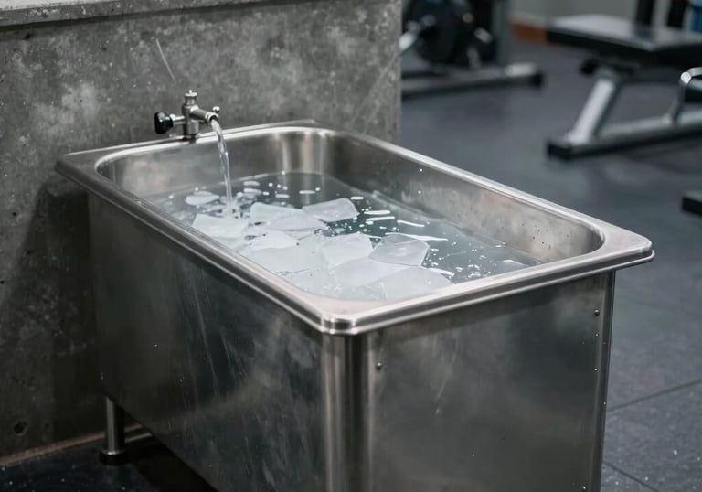 A focused, cinematic shot of a stainless steel ice bath in a modern training academy. The surrounding environment is dark gray concrete. Global / Performance Athletics.