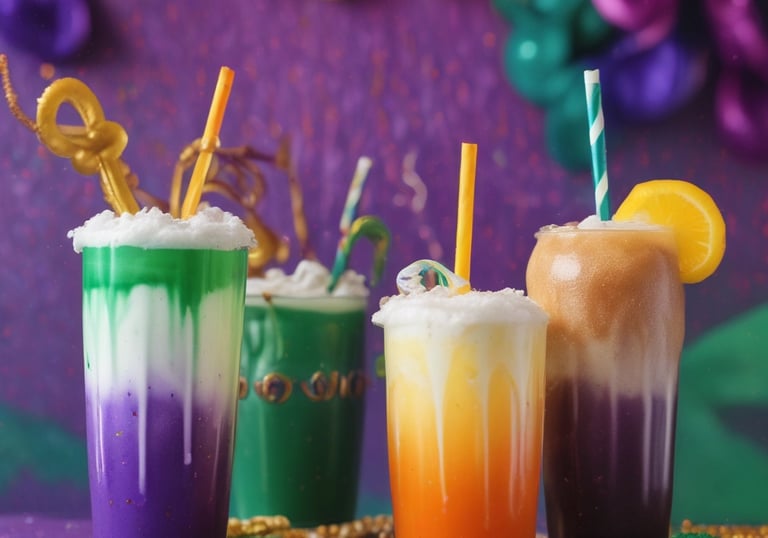 An array of vibrant dirty sodas in glass bottles with ice and fresh fruit garnishes.