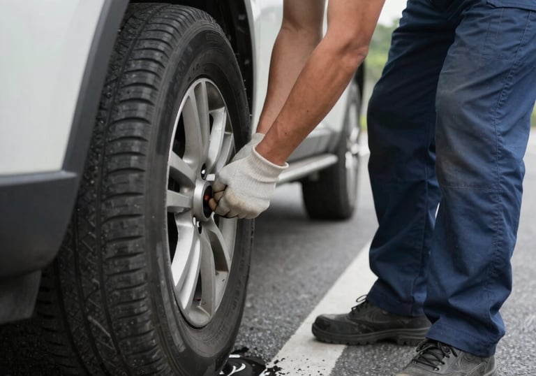 A friendly tow truck driver helping a relieved customer beside a roadside.