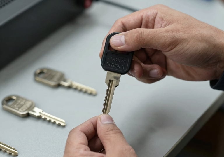 A locksmith skillfully working on a car door lock under soft garage lighting.