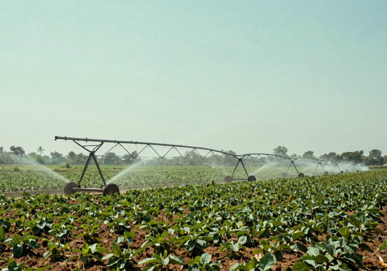 A wide shot of a productive South Asian farm using modern sprinkler systems, with healthy crops stretching toward the horizon under a clear pale mint sky.