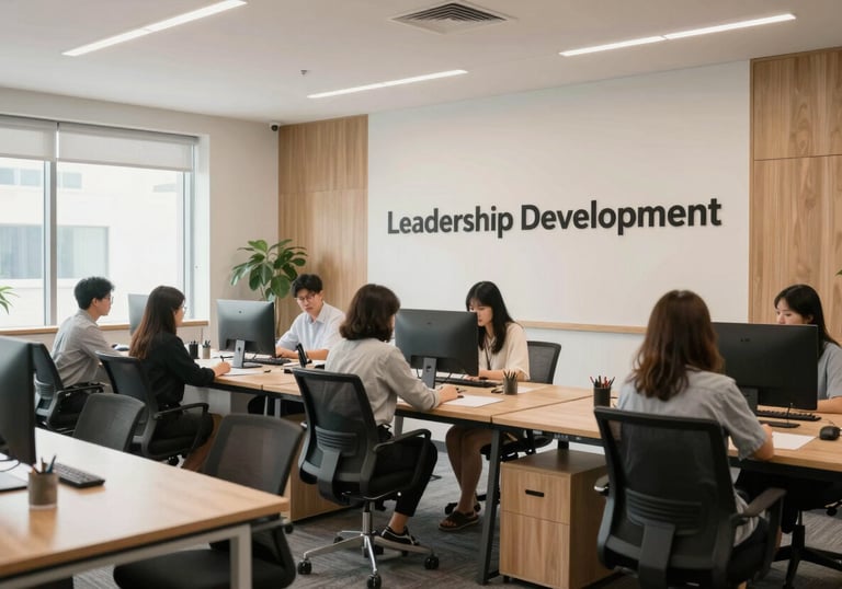 A bright and airy North American workspace used for leadership development. The room is modern and clean, with wooden accents and natural light, symbolizing a place of growth and renewed purpose.