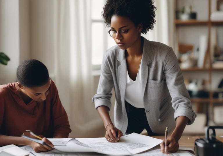 A designer discussing decoration plans with clients over a mood board and fabric samples.
