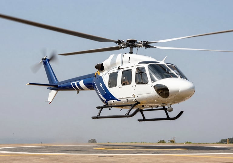 An action shot of a rotary wing aircraft (helicopter) taking off from a landing pad in Nairobi, with a clear light blue sky. The composition is dynamic, emphasizing movement and the excitement of aviation.