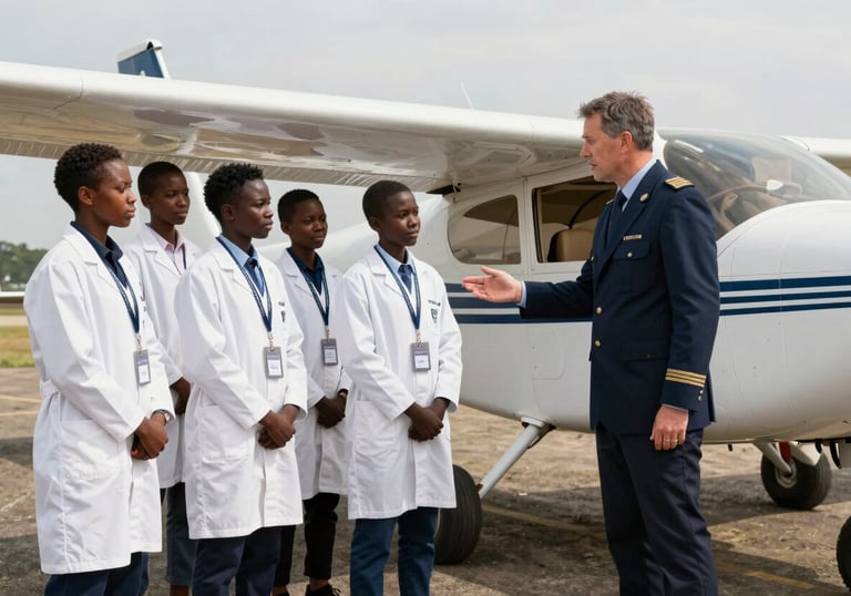 A group of East African students wearing white lab coats and lanyards standing next to a Cessna aircraft at an airfield. A professional instructor in a dark blue pilot uniform is explaining the wing structure. Bright, daytime natural lighting.
