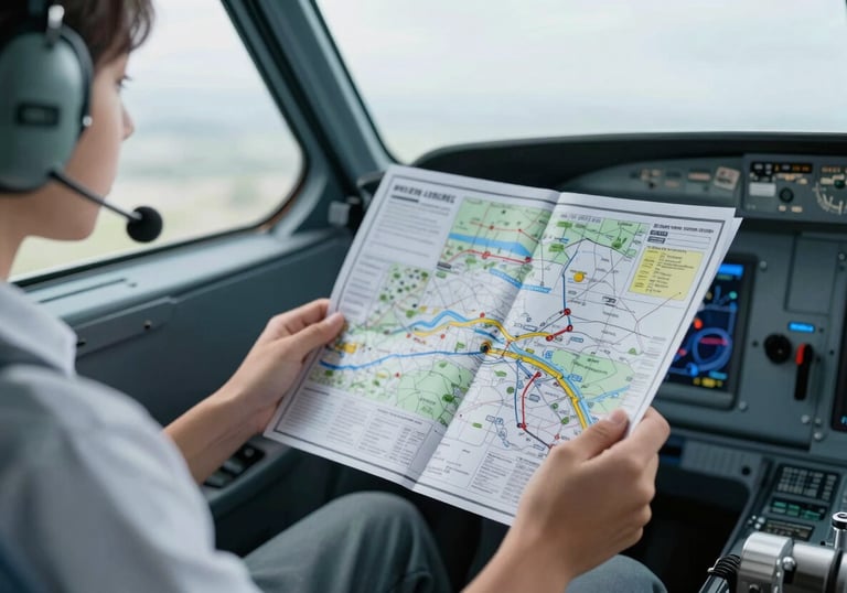 A close-up of a student's hands holding a professional flight navigation map and a headset, sitting inside a cockpit. The aesthetic is clean and educational, with soft light blue tones.
