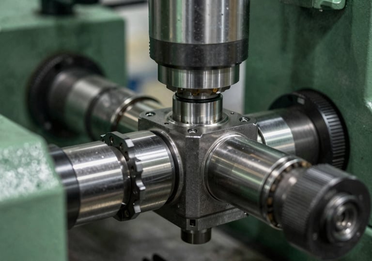 Close-up of high-precision machinery in a Mexican factory, capturing the textures of steel and movement, professional photography with a forest green tint.