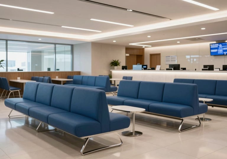 A bright and airy photography of a premium airport lounge in India, featuring modern blue seating and a clean, luxury professional atmosphere.