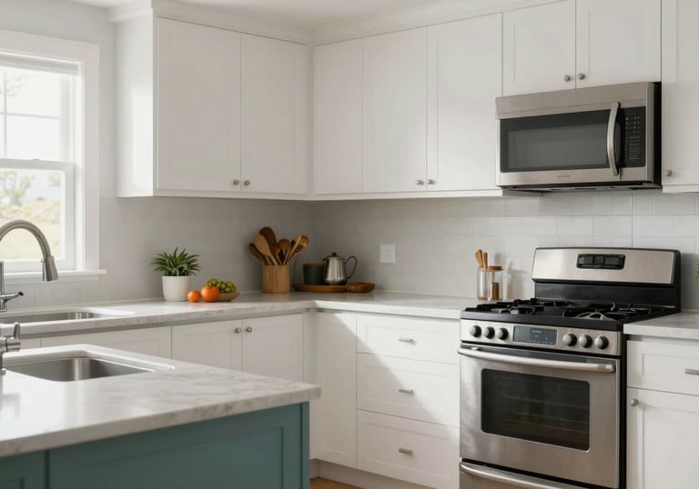 A bright, clean, and pest-free modern North American / US kitchen. The image is airy and inviting, symbolizing the peace of mind of a protected home, with subtle Oceanic Teal accents in the decor.