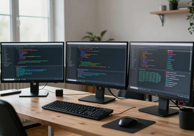 An organized workspace with multiple monitors displaying code and network diagrams, located in a bright European apartment.