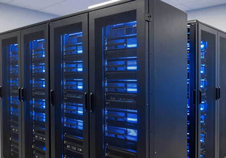 A clean, modern server room in an International / Global data center, with Soft Sky Blue cooling lights and Steel Blue panels.